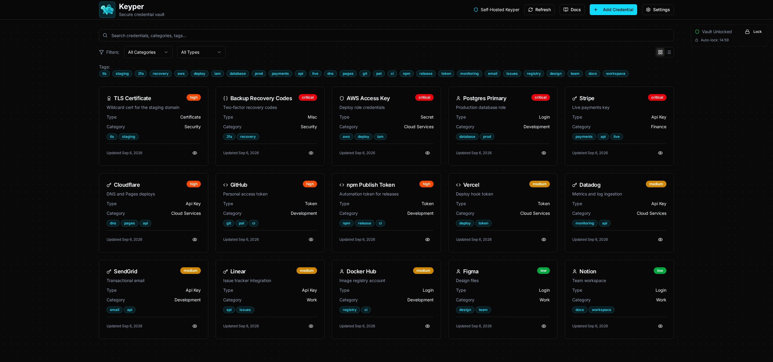 The Keyper dashboard showing saved credentials grouped into cards, with a search field, category and type filters, a tag list, and a vault status panel reading Vault Unlocked.